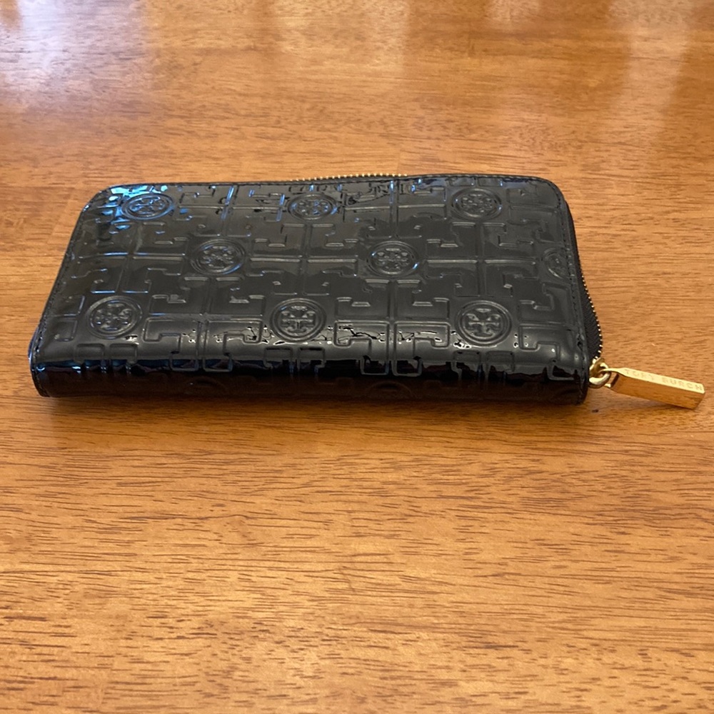 Tory Burch black patent wallet with gold hardware